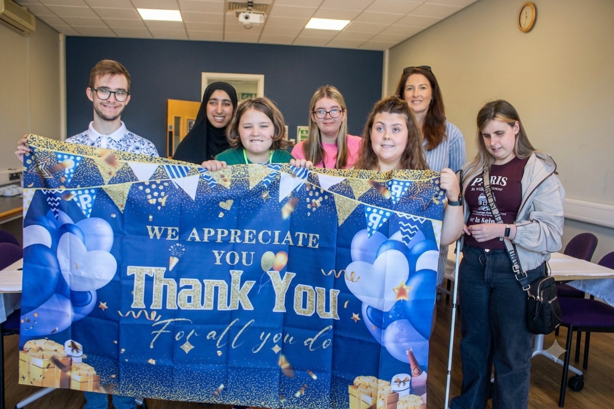 The group of students standing with their teacher and holding up a banner which says 'We appreciate you - thank you'